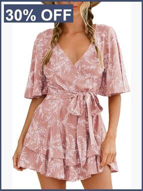 V Neck Short Sleeve Waist Tie Ruffle Hem Romper Jumpsuit